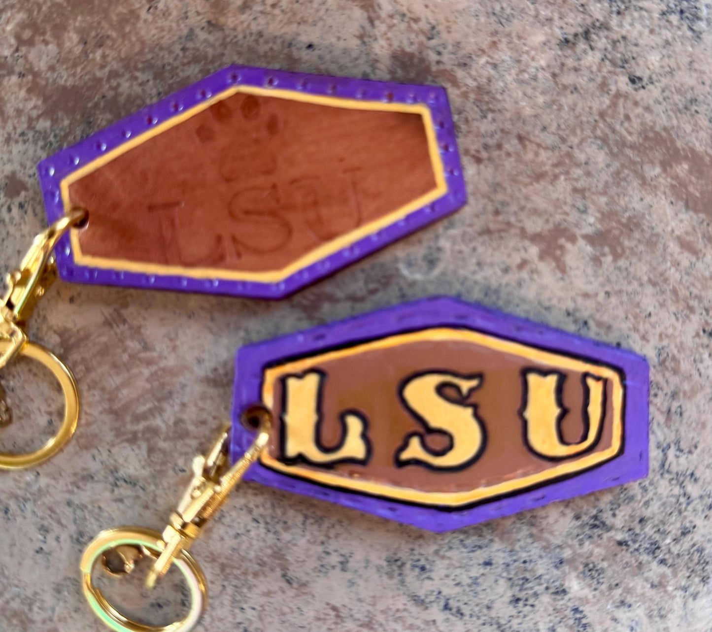 Custom Hand-Tooled LSU Leather Keychain