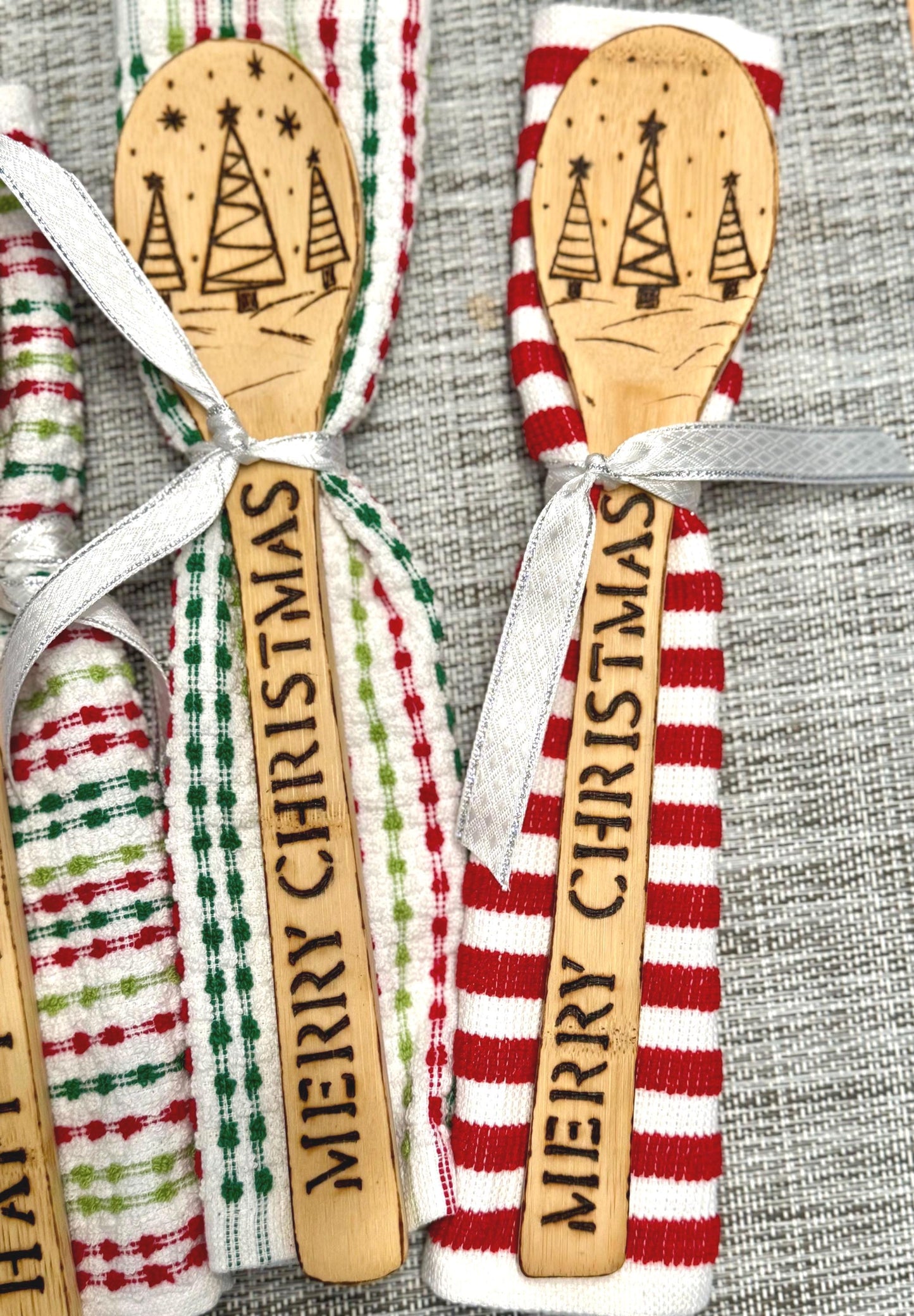 Personalized Christmas Kitchen Gift Set: Wood Burned Spoon & Dish Towel