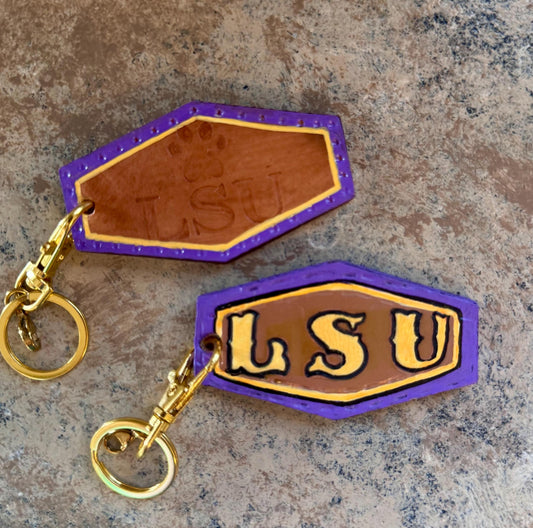 Custom Hand-Tooled LSU Leather Keychain