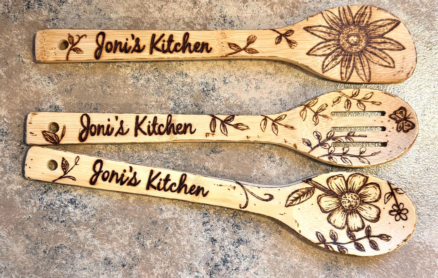 Hand-Engraved Floral Bamboo Cooking Utensil Set With Optional Personalization, Unique Kitchen Gift Set