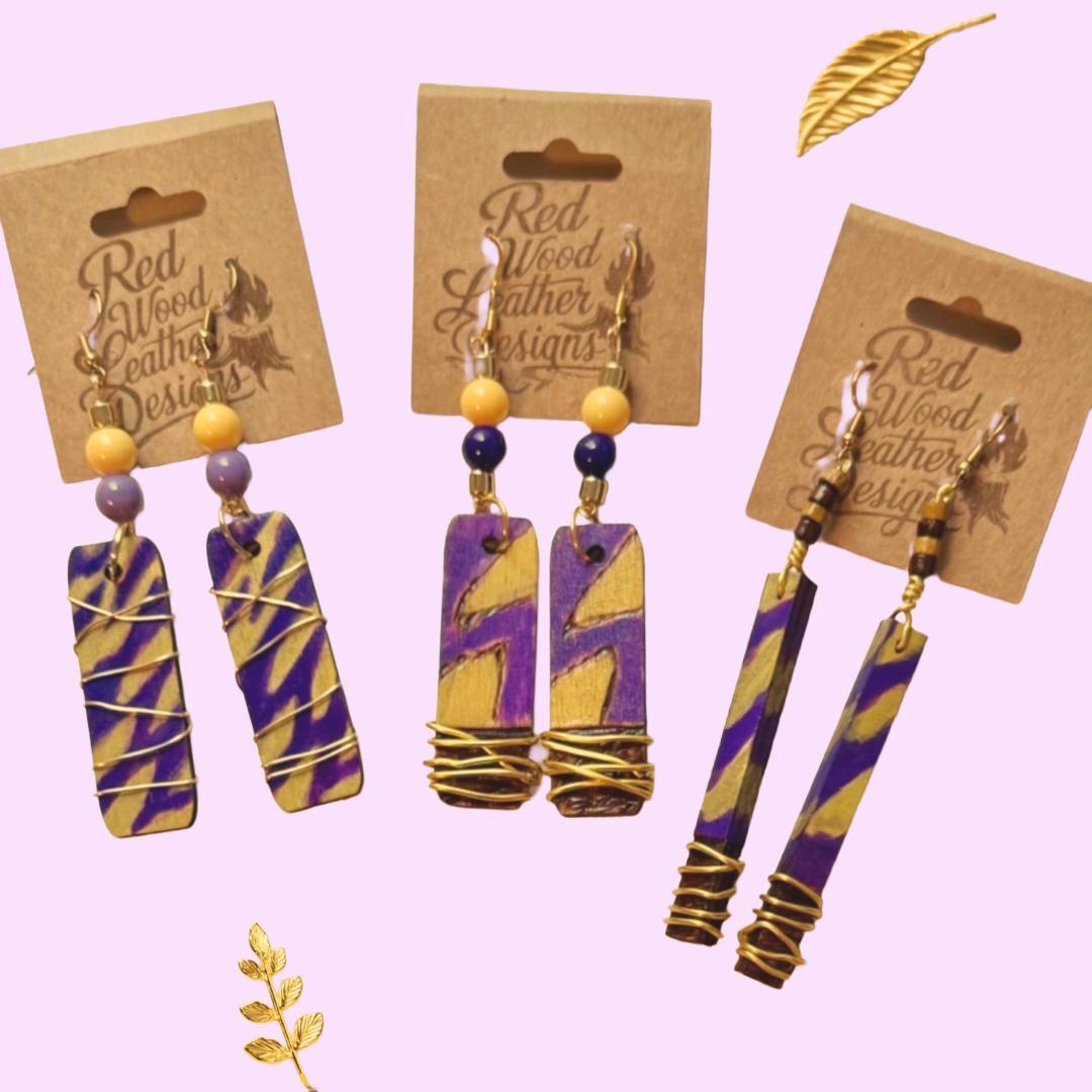 LSU-Themed Wooden Dangle Earrings: Hand-Painted Purple and Gold Tiger Stripes