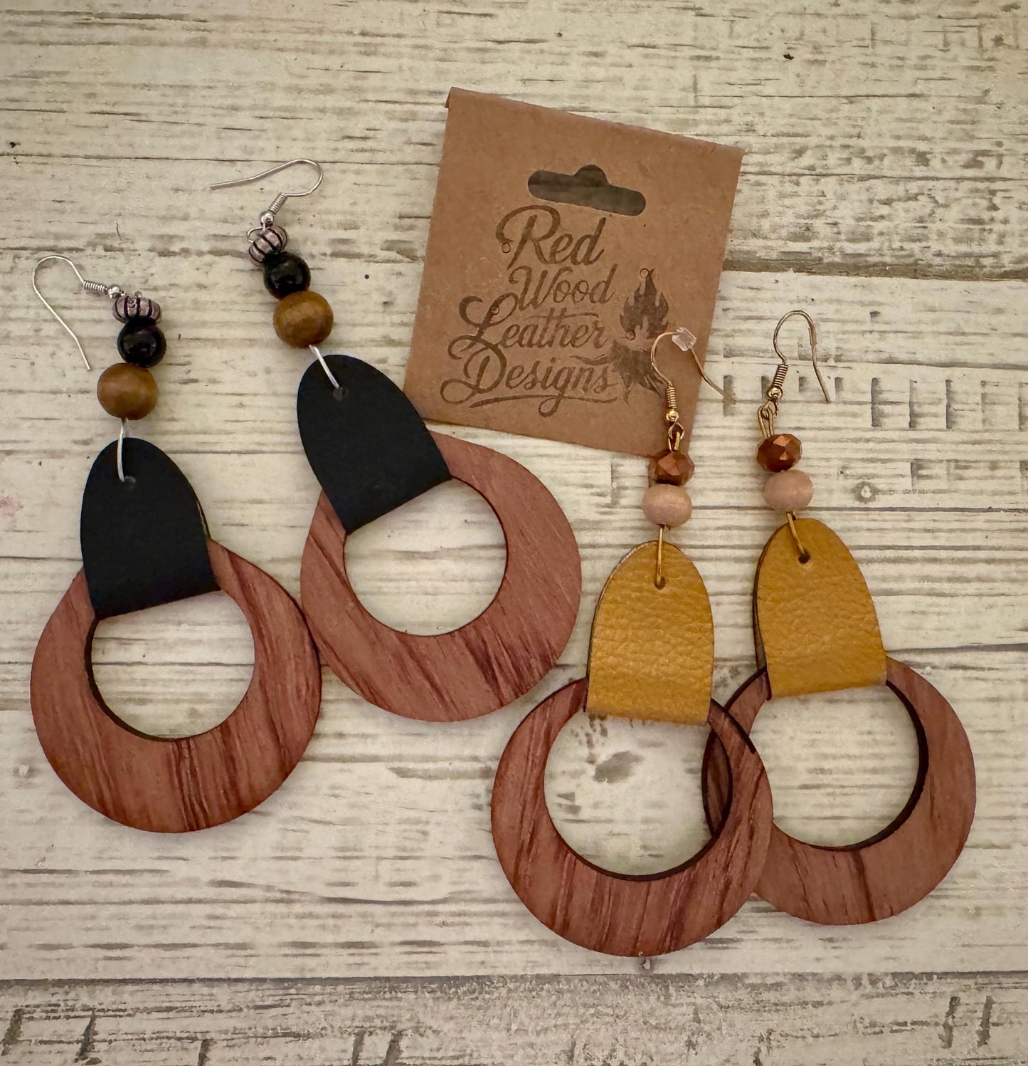 Handmade Wood Hoop Earrings: Boho Leather & Bead Dangle Earrings