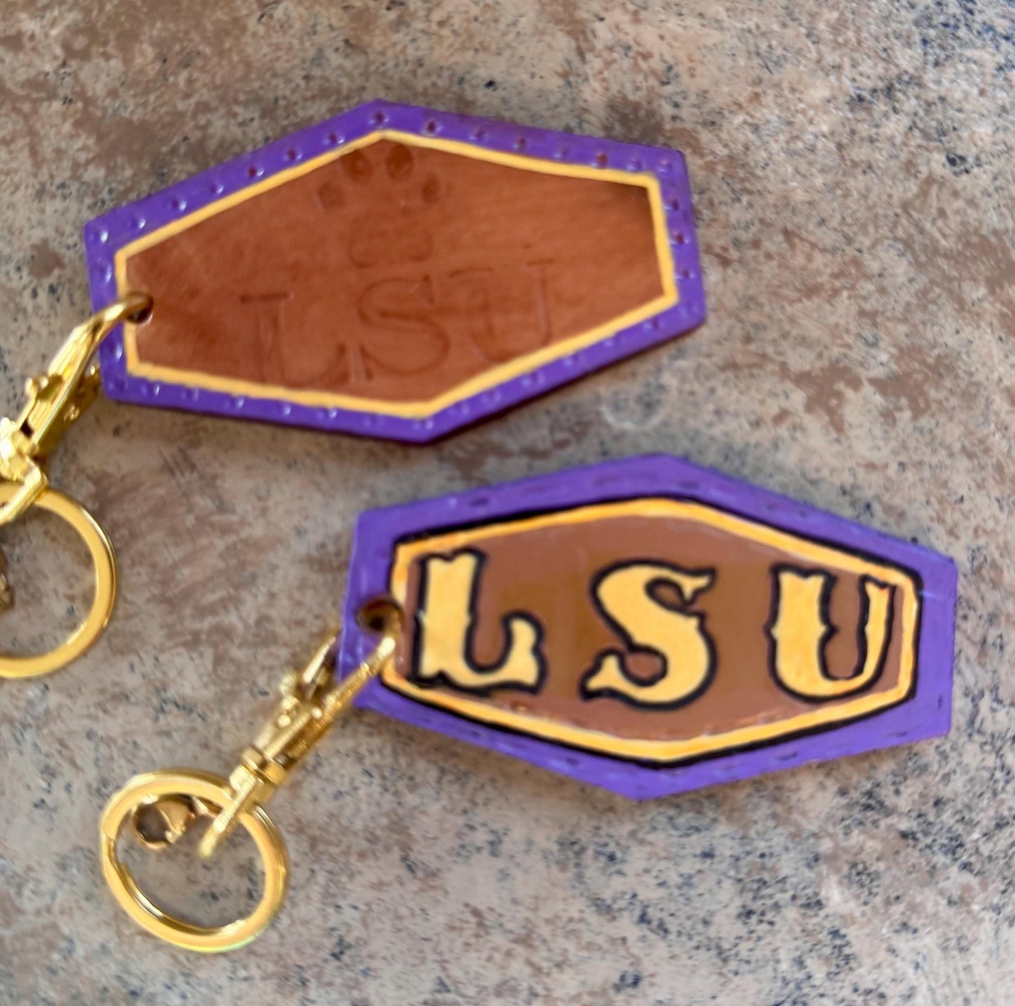 Custom Hand-Tooled LSU Leather Keychain