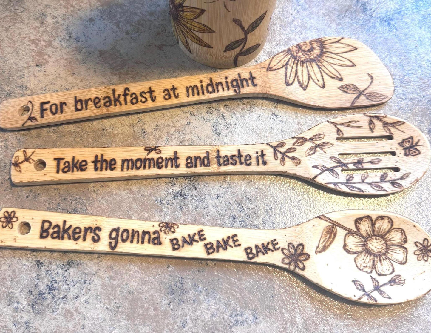 Personalized Hand-Engraved Bamboo Cooking Utensil 3 Piece Set, Custom Kitchen Gift Set, Wooden Cooking Utensils With Floral Engraved Design