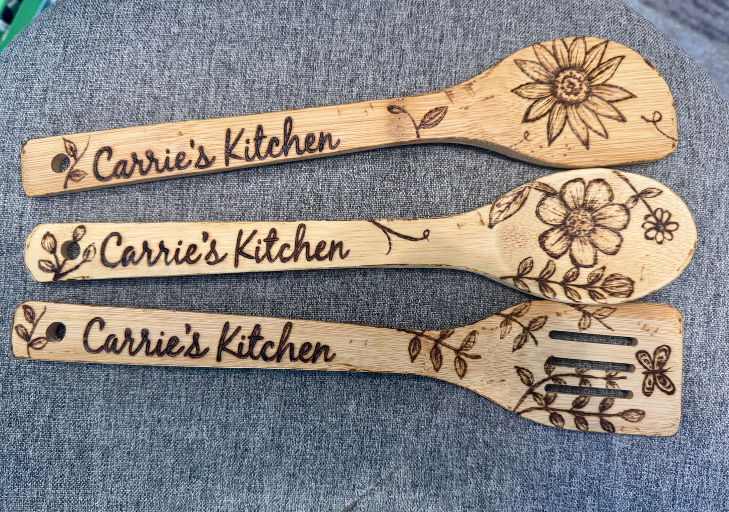 Custom Engraved Floral Bamboo Cooking Utensil 3 Pc Set With Optional Personalization