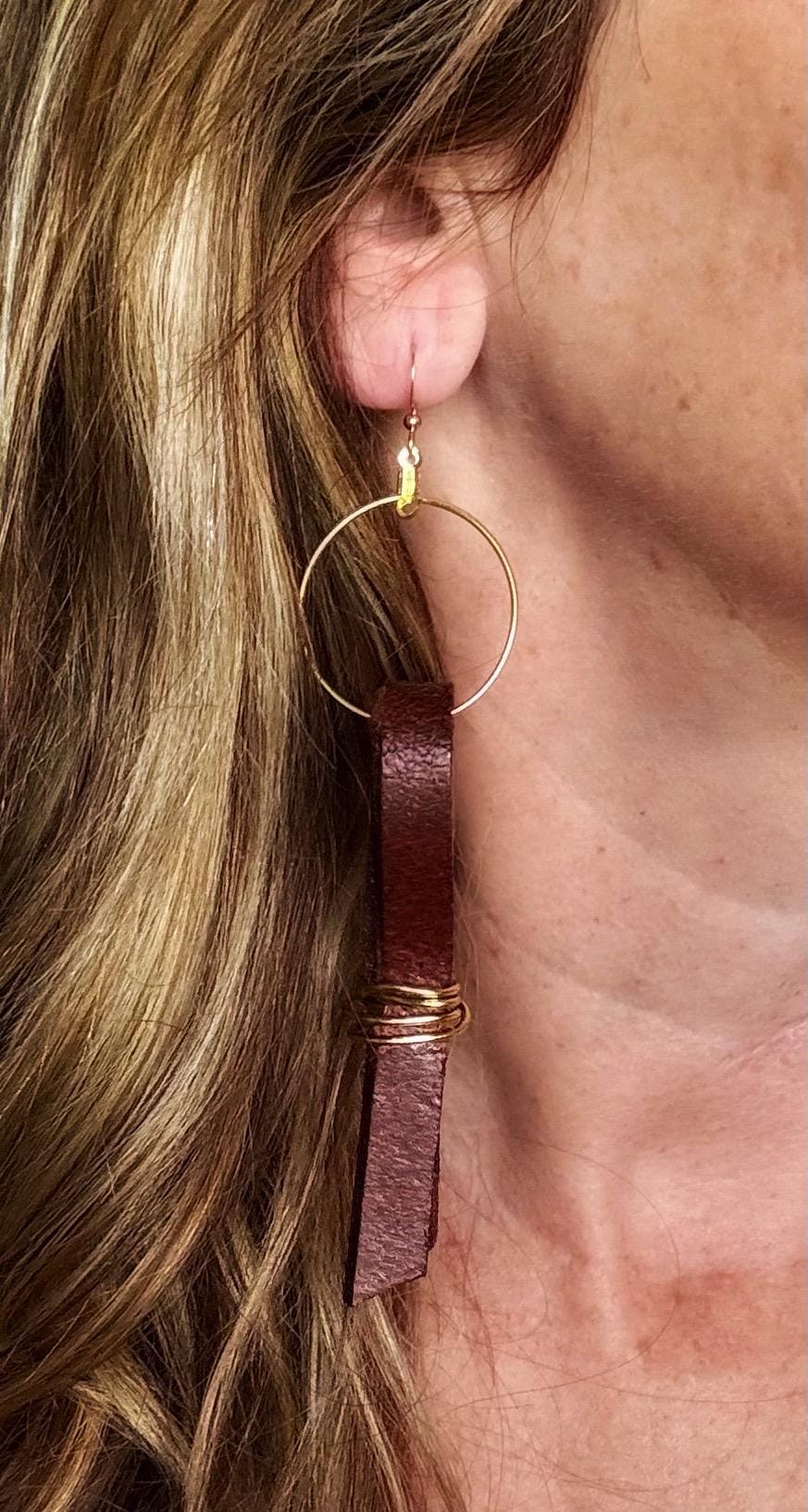 Studded Brown Leather Strip Earrings Wrapped With Silver Wire