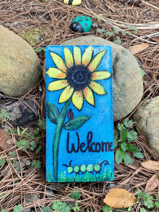 Hand-painted garden brick paver with sunflower; colorful garden accents; cheerful porch and patio decor perfect for sunflower lovers