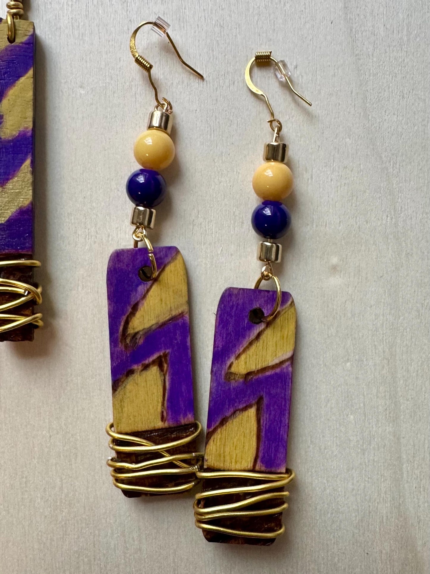 LSU-Themed Wooden Dangle Earrings: Hand-Painted Purple and Gold Tiger Stripes