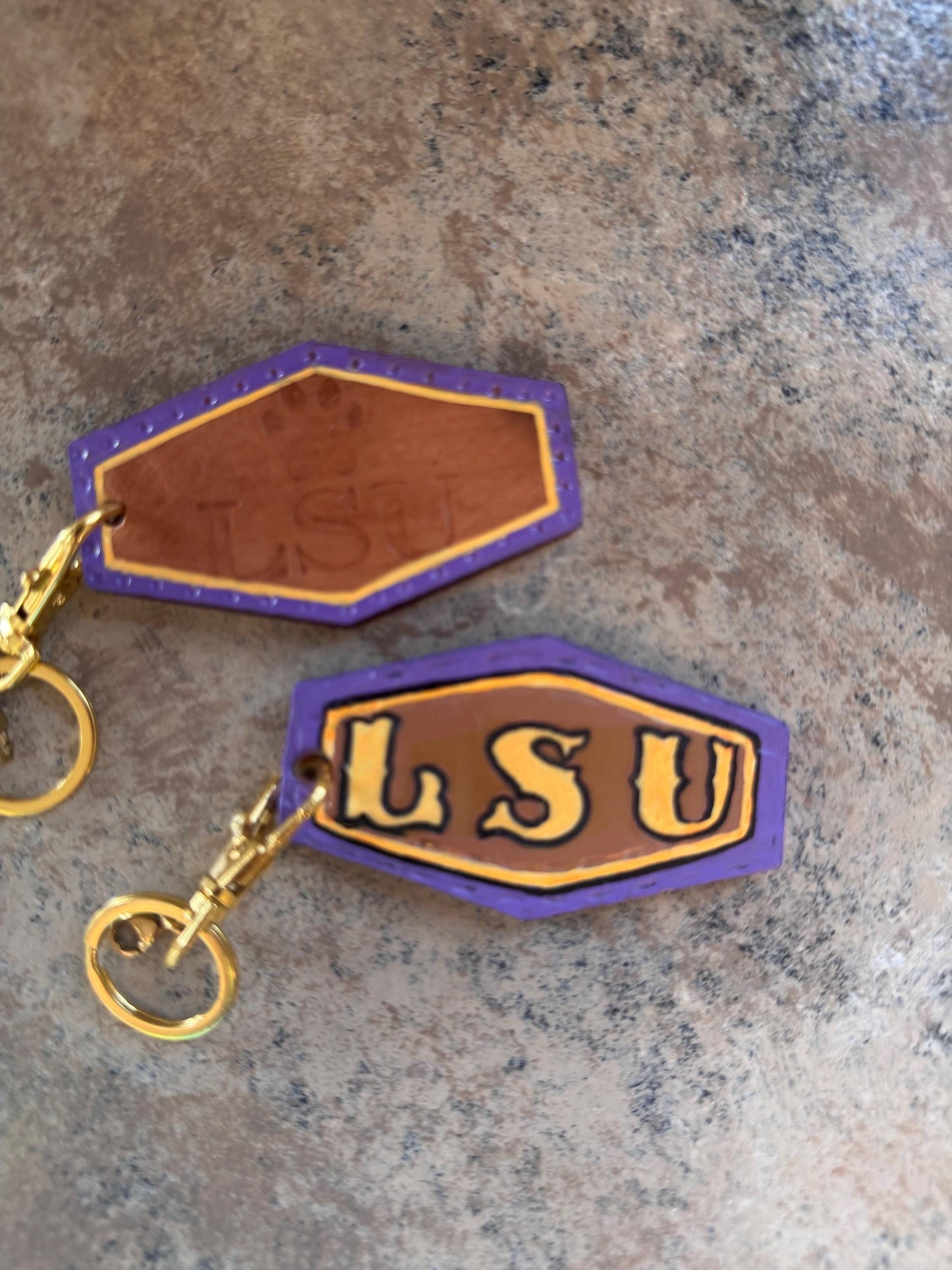 Custom Hand-Tooled LSU Leather Keychain