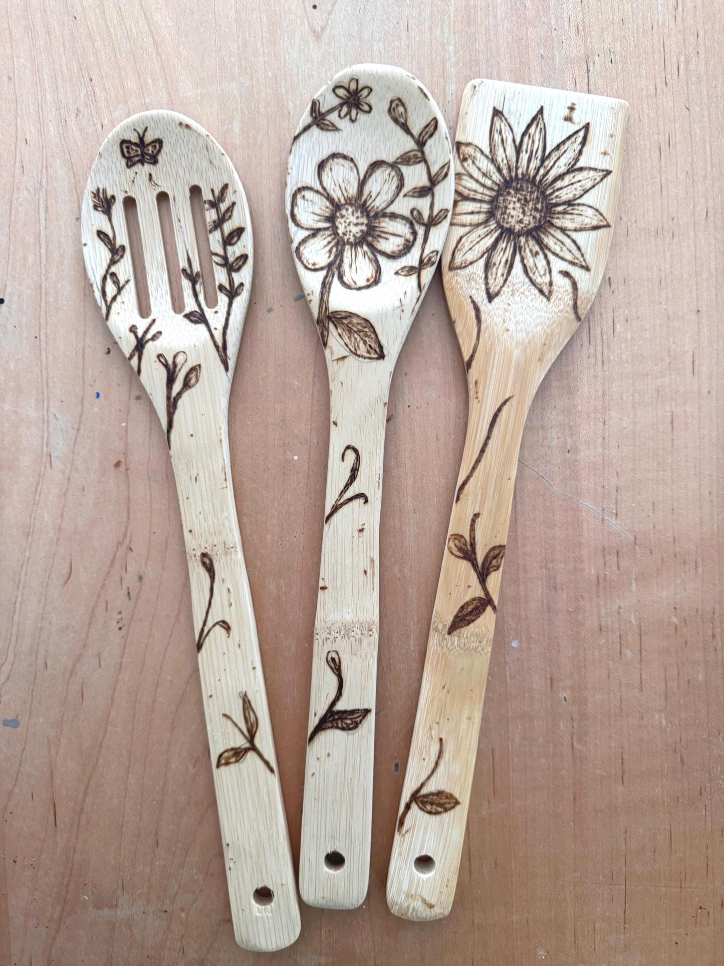 Hand-Engraved Floral Bamboo Cooking Utensil Set With Optional Personalization, Unique Kitchen Gift Set
