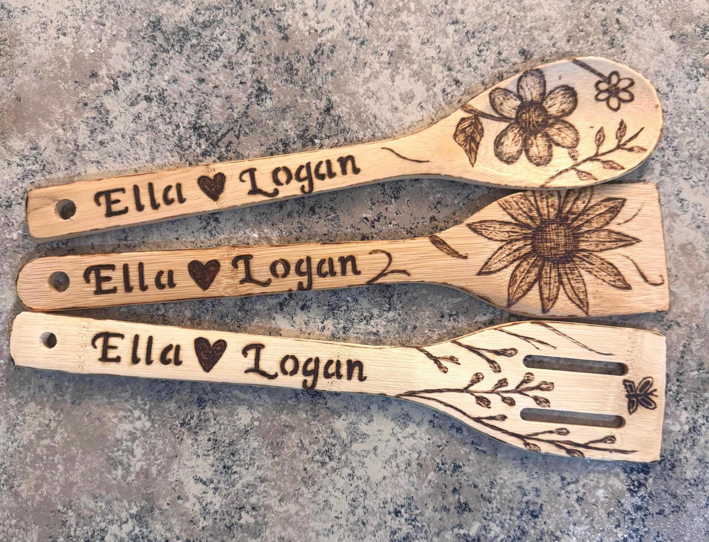 Personalized Hand-Engraved Bamboo Cooking Utensil 3 Piece Set, Custom Kitchen Gift Set, Wooden Cooking Utensils With Floral Engraved Design
