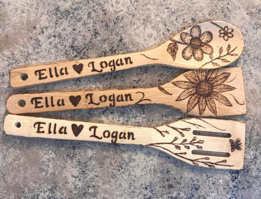 Personalized Hand-Engraved Bamboo Cooking Utensil 3 Piece Set, Custom Kitchen Gift Set, Wooden Cooking Utensils With Floral Engraved Design