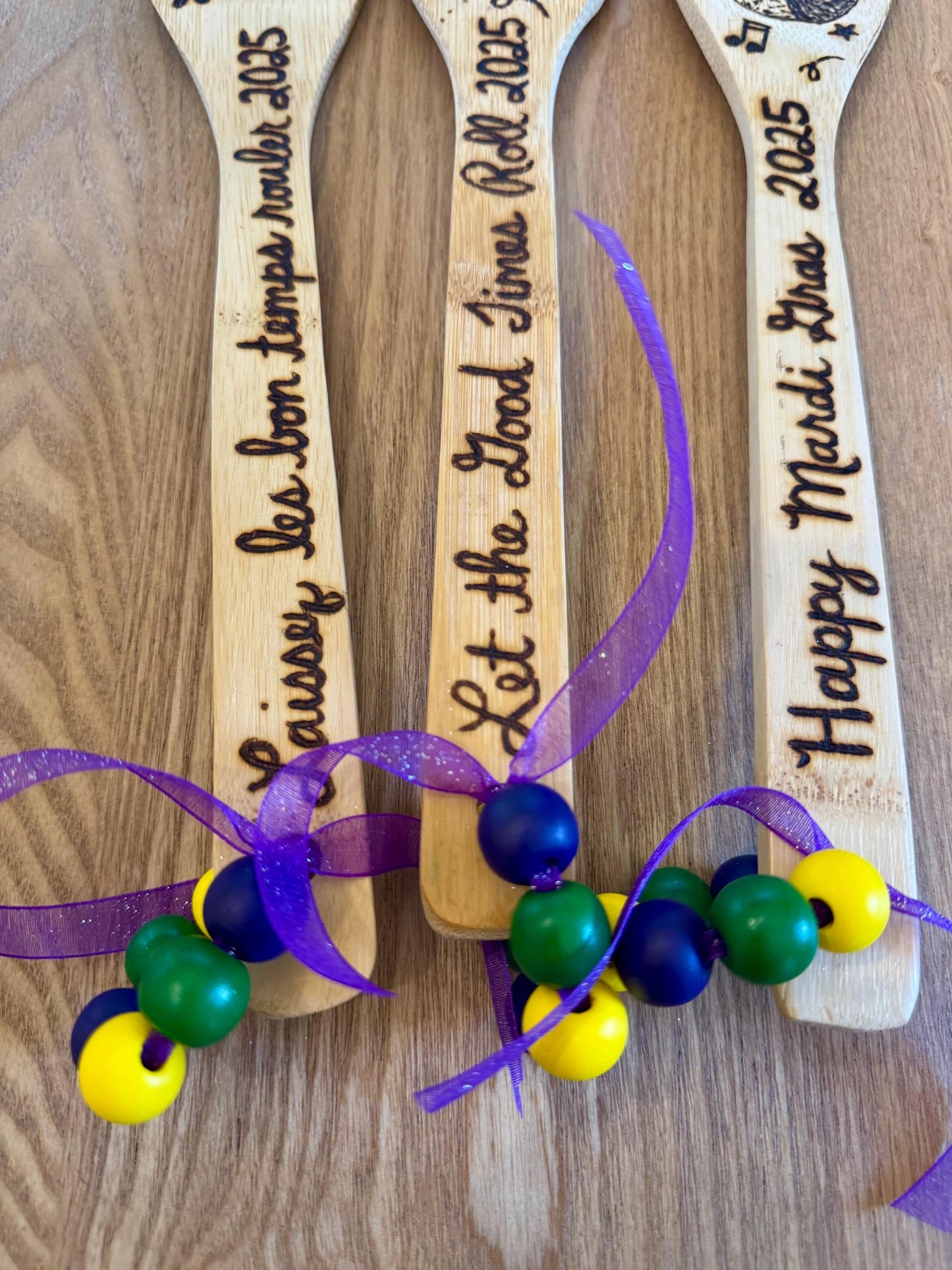 Mardi Gras Bamboo Utensil Set: Hand-Burned Louisiana Kitchen Decor