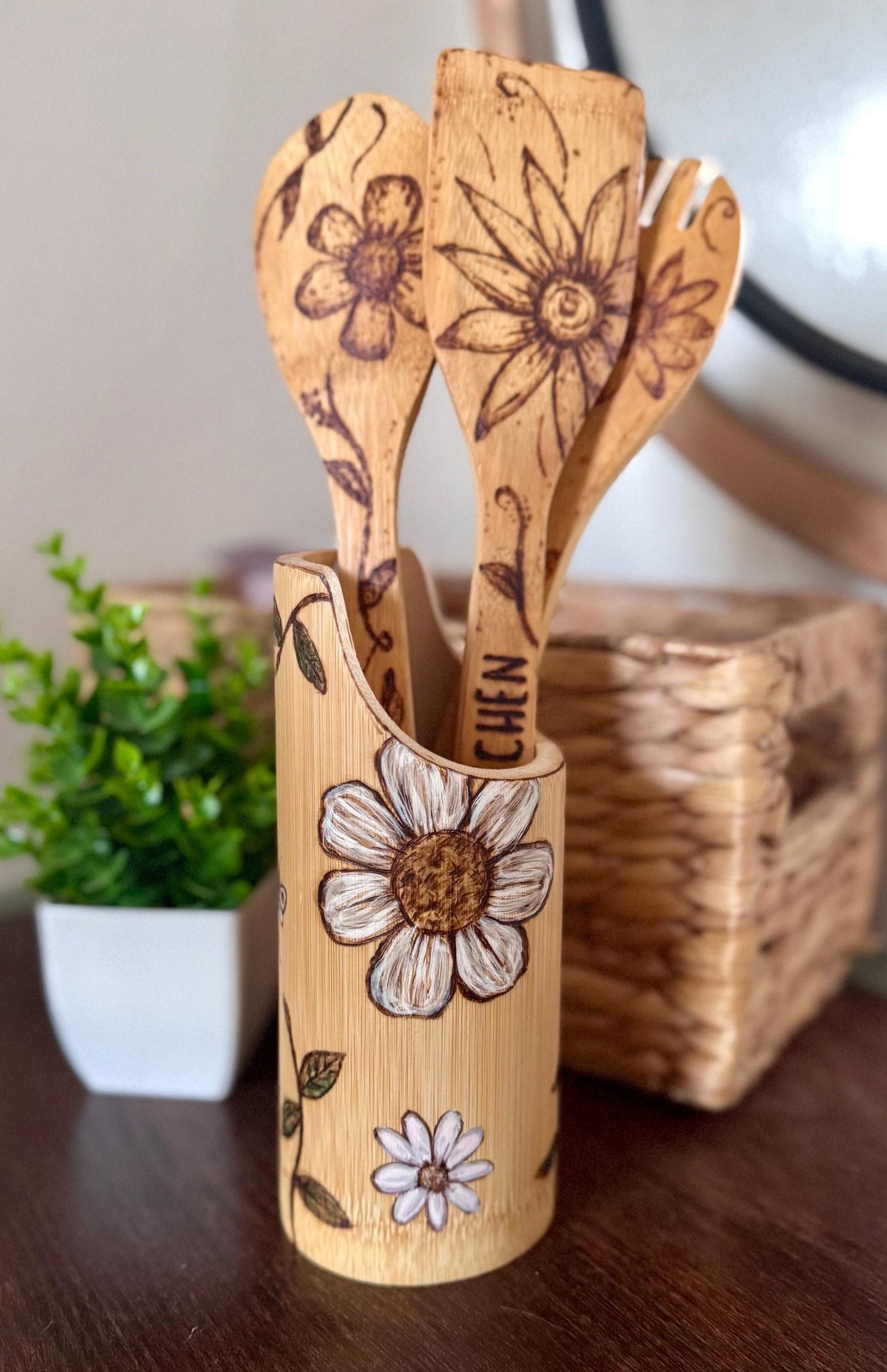 Custom Engraved Floral Bamboo Cooking Utensil 3 Pc Set With Optional Personalization