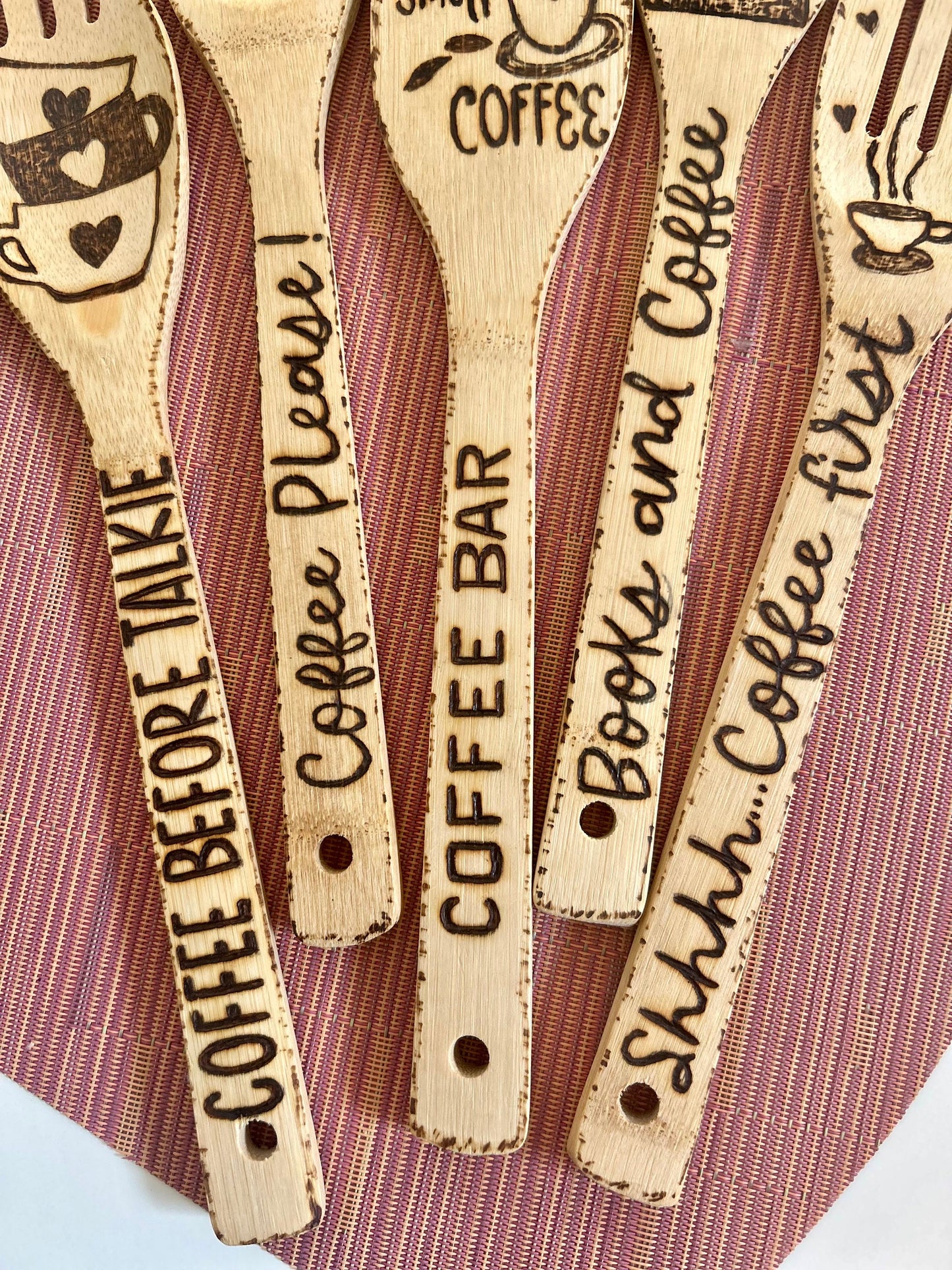 Custom Engraved Bamboo Cooking Utensil Set: Hand-Burned Coffee Design