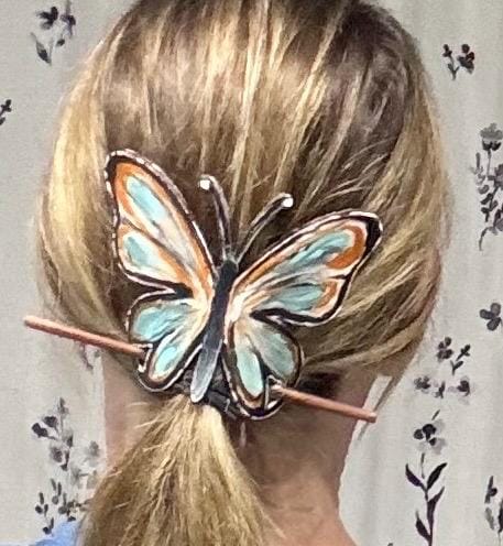 Hand-Painted Butterfly Leather Hair Slide with Wood Stick; Leather Hair Barrettes
