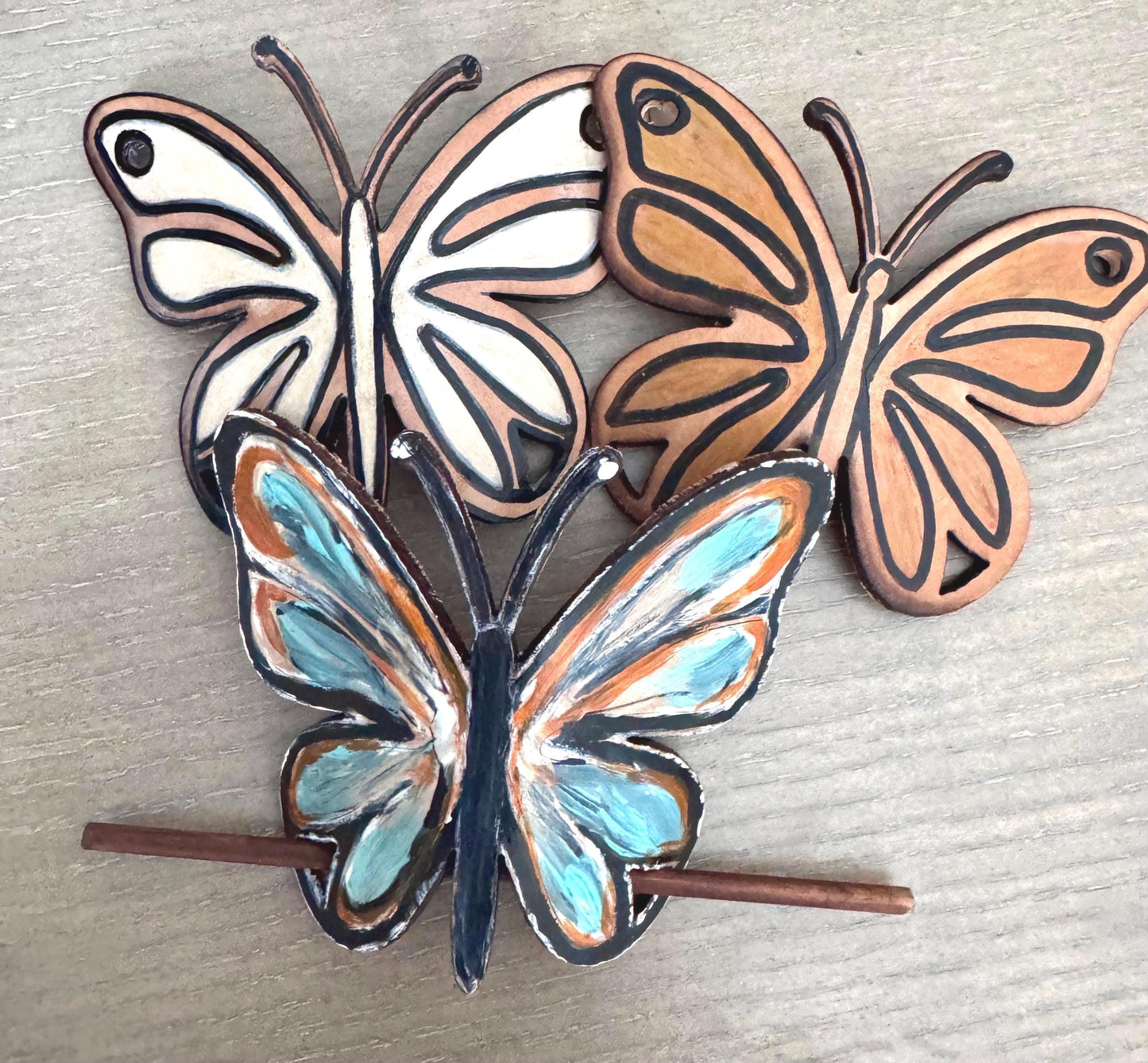 Hand-Painted Butterfly Leather Hair Slide with Wood Stick; Leather Hair Barrettes