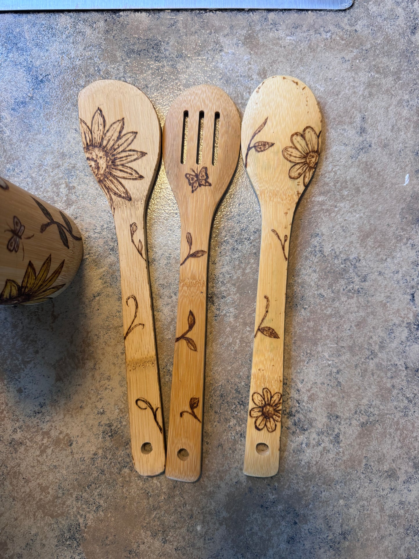 Custom Engraved Floral Bamboo Cooking Utensil 3 Pc Set With Optional Personalization
