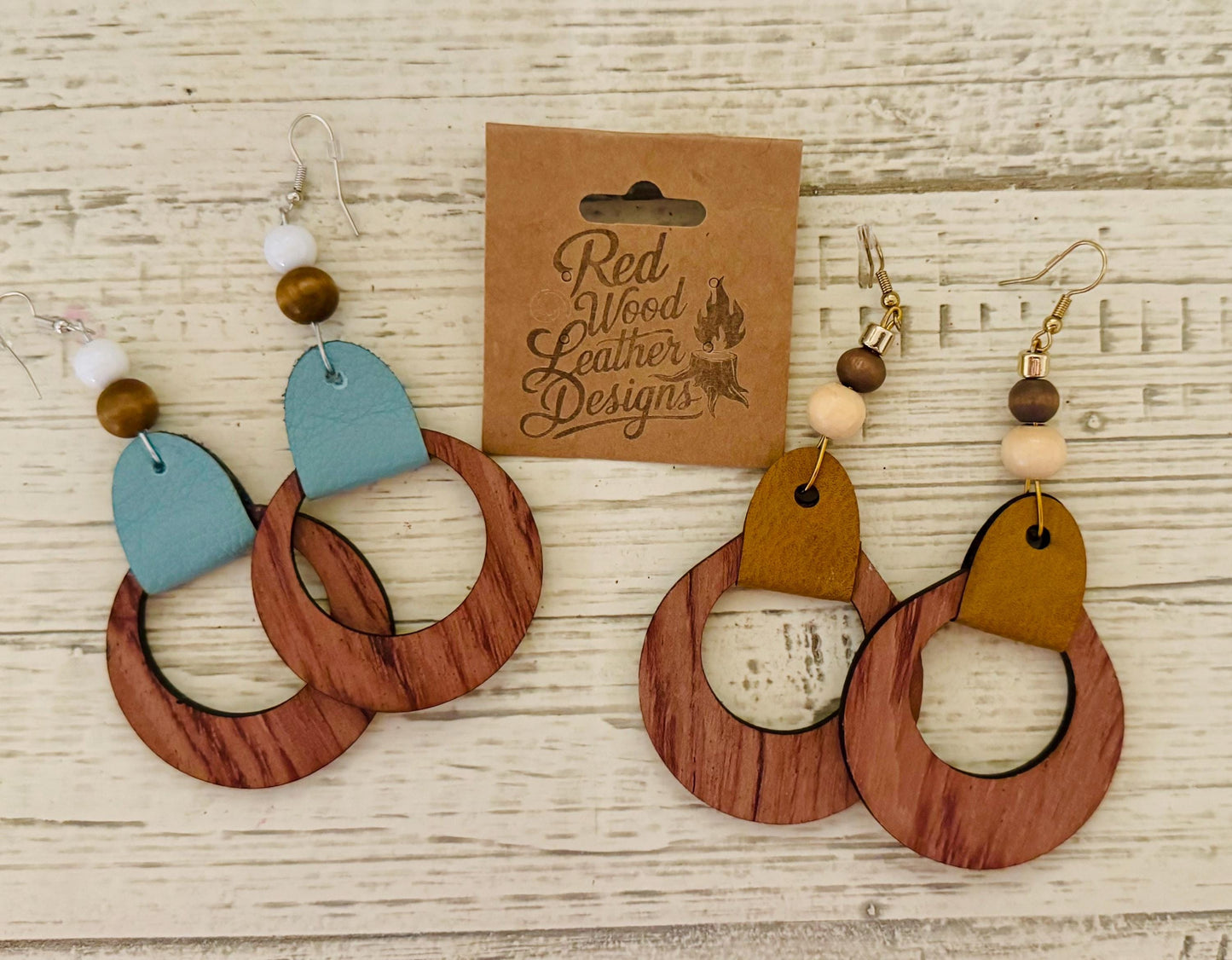 Handmade Wood Hoop Earrings: Boho Leather & Bead Dangle Earrings
