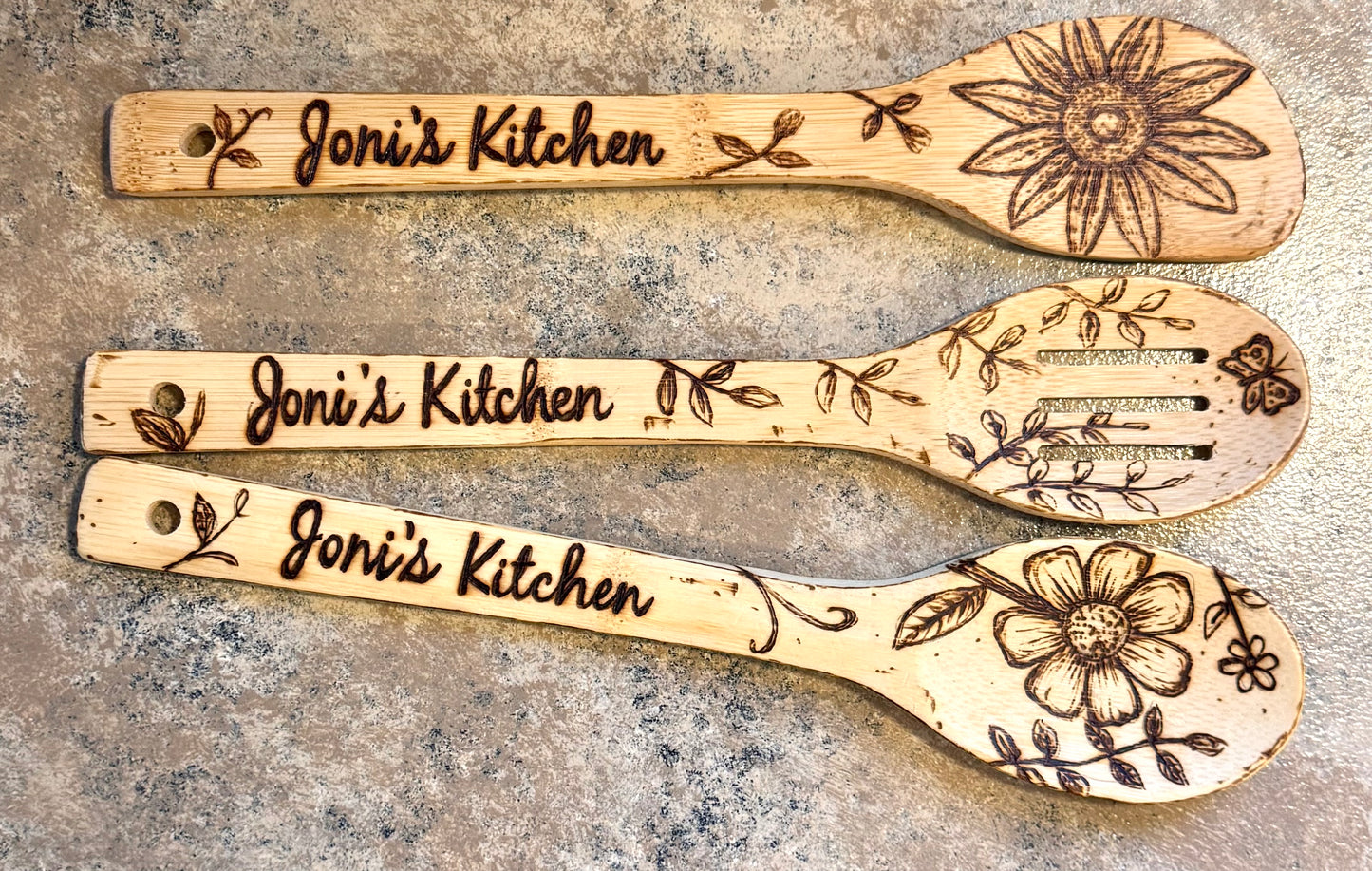 Custom Engraved Floral Bamboo Cooking Utensil 3 Pc Set With Optional Personalization