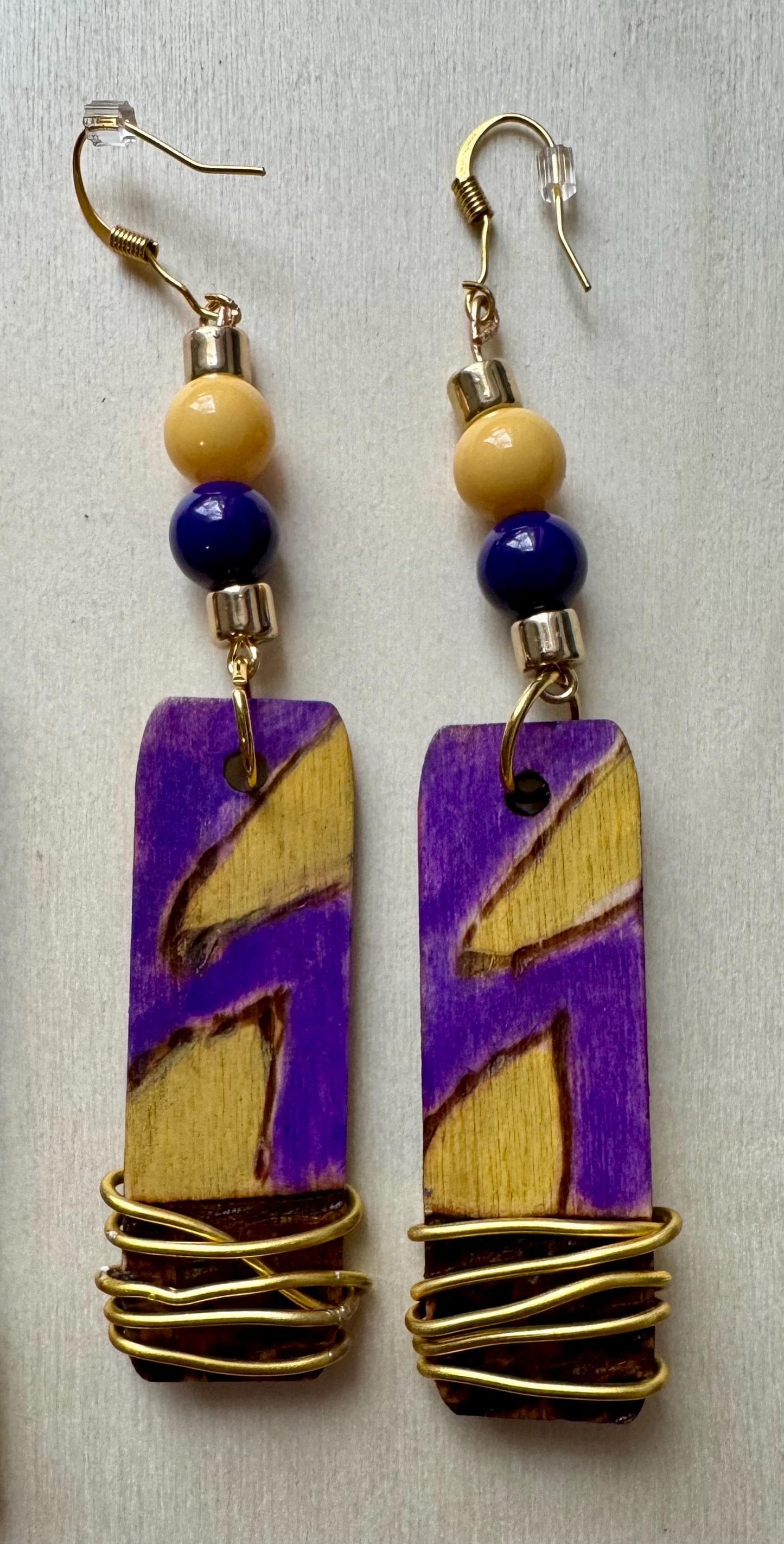 LSU-Themed Wooden Dangle Earrings: Hand-Painted Purple and Gold Tiger Stripes
