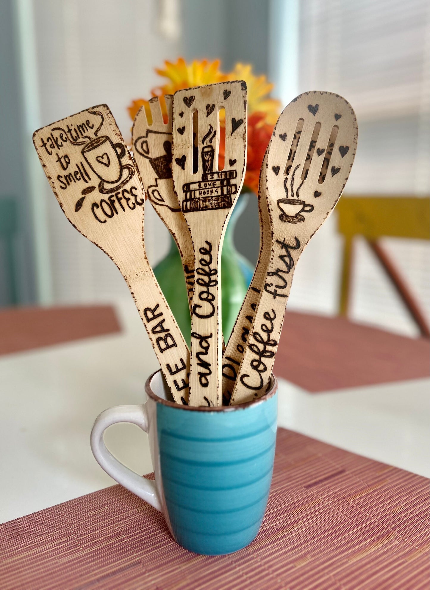 Custom Engraved Bamboo Cooking Utensil Set: Hand-Burned Coffee Design