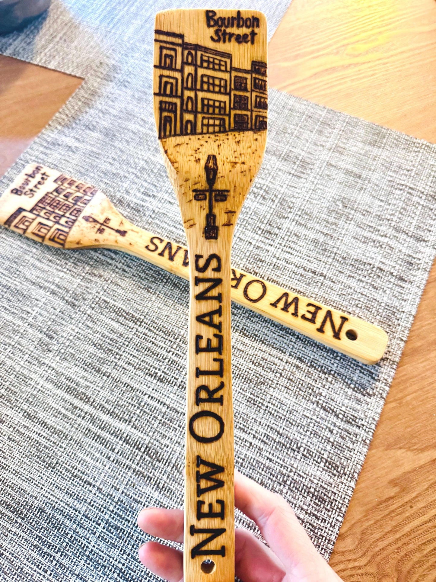 Custom Engraved Bamboo Wooden Spatula: Hand-Wood Burned Bourbon Street Scene, New Orleans, Louisiana Art And Gifts