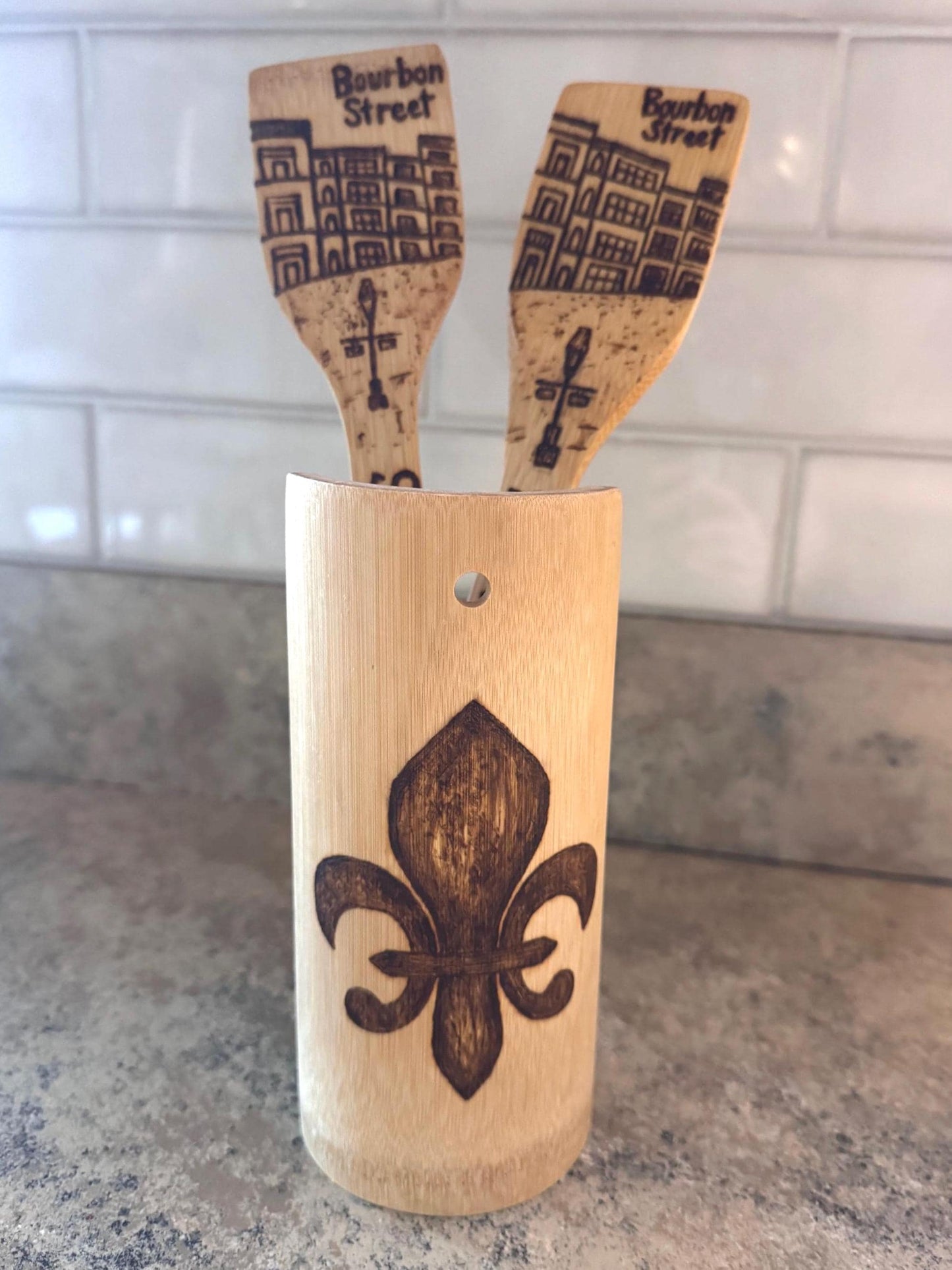 Custom Engraved Bamboo Wooden Spatula: Hand-Wood Burned Bourbon Street Scene, New Orleans, Louisiana Art And Gifts