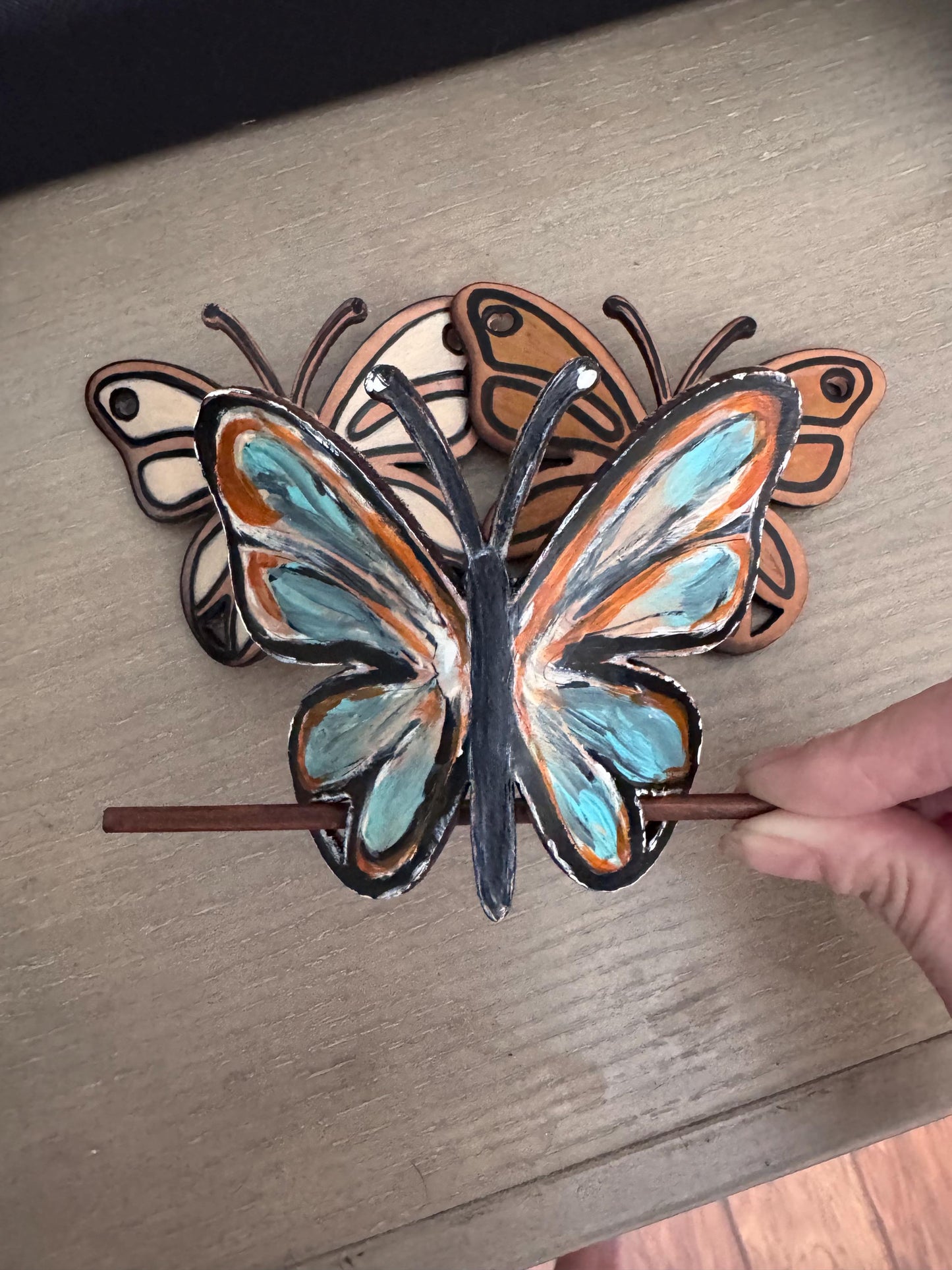 Hand-Painted Butterfly Leather Hair Slide with Wood Stick; Leather Hair Barrettes