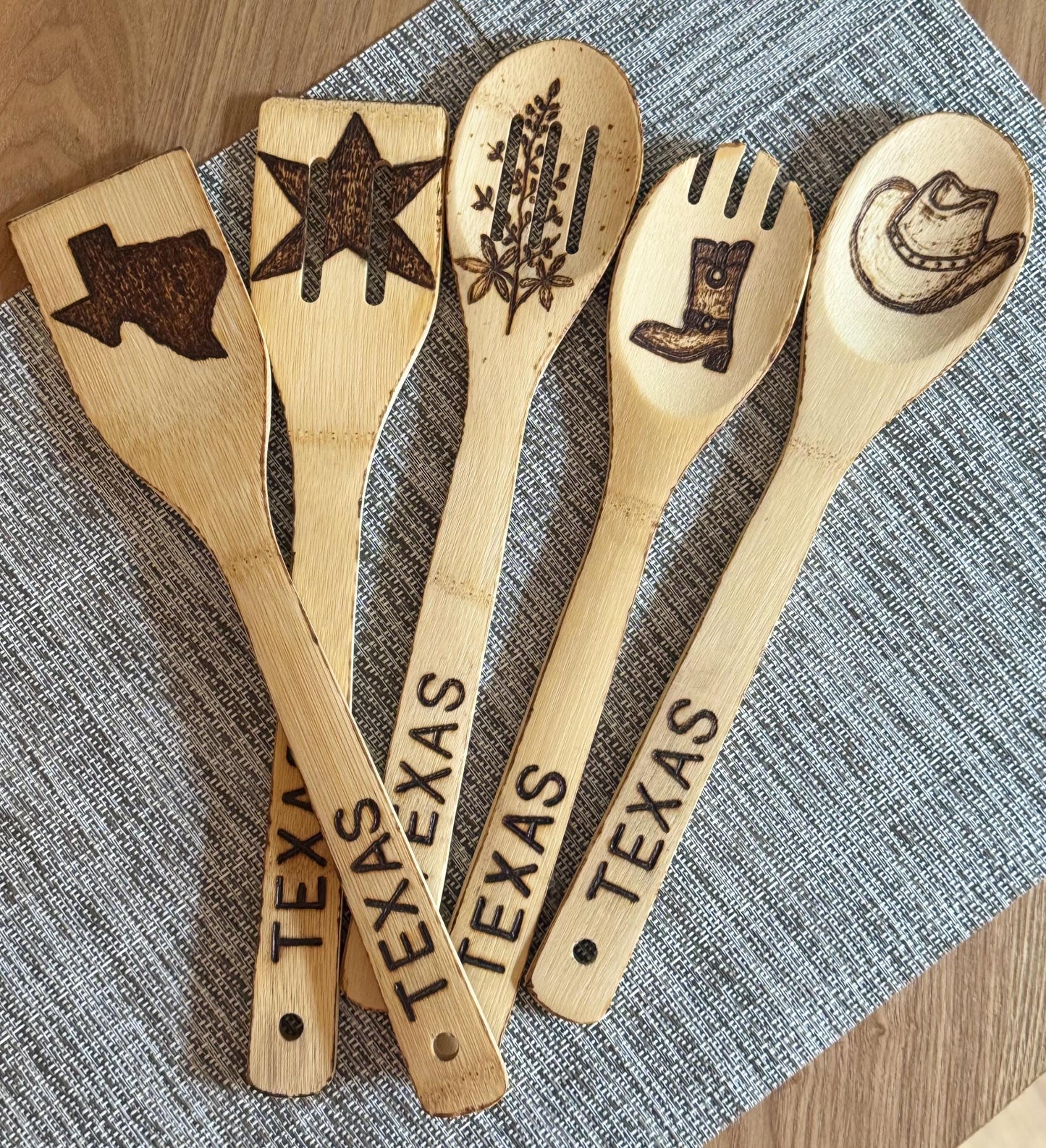 Custom Texas-Inspired Bamboo Cooking Utensil 5 Pc Set With Optional Personalization