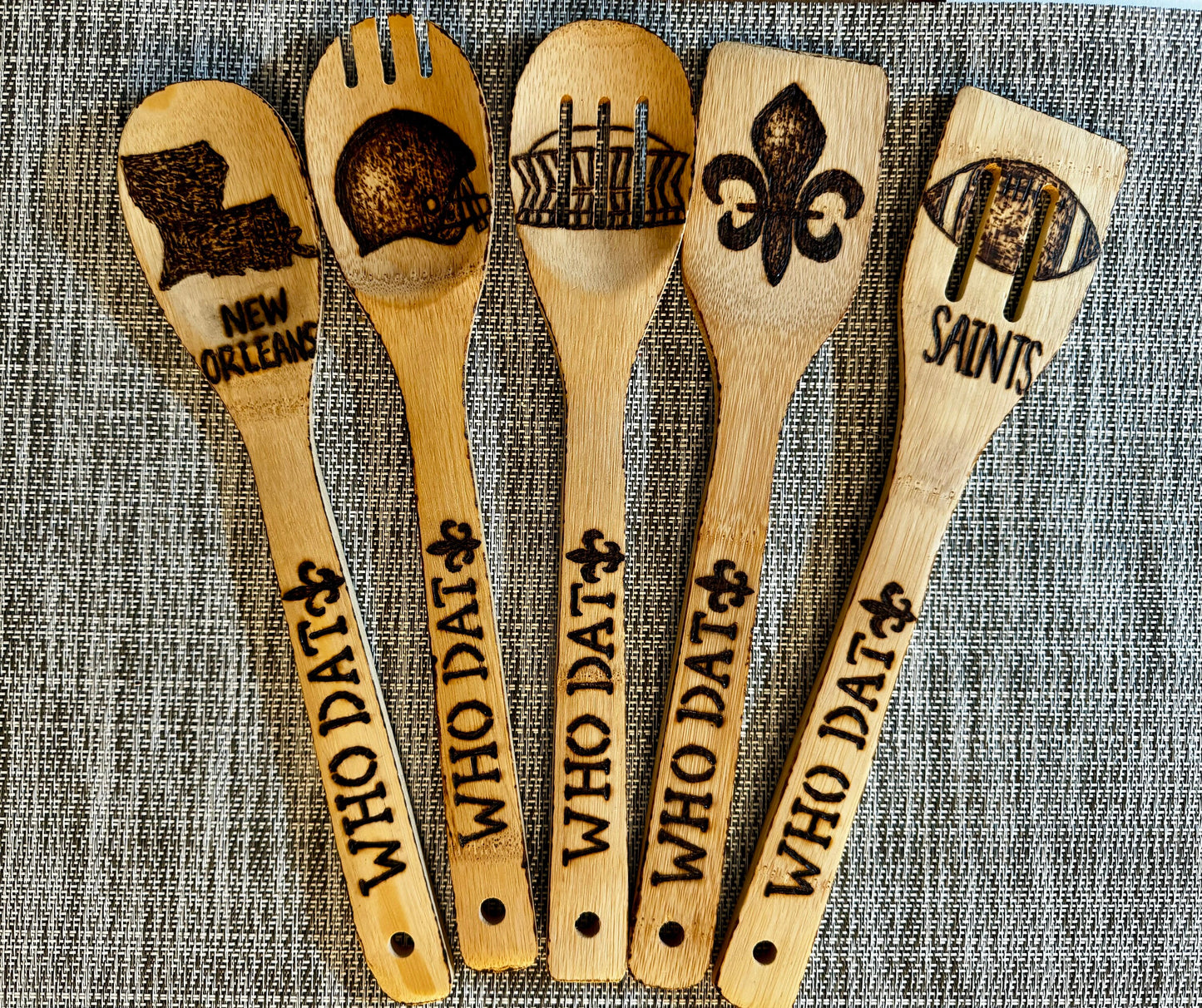 New Orleans Saints Bamboo Cooking Utensil Set: Hand-Engraved Football Fan Gift