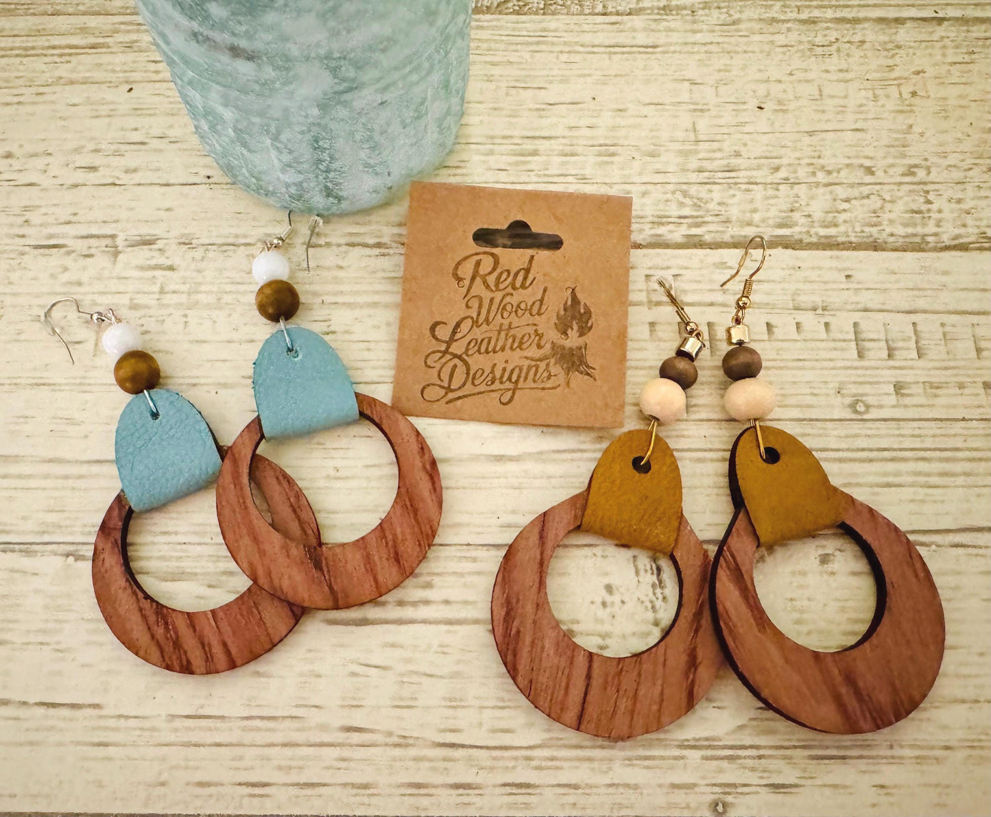 Handmade Wood Hoop Earrings: Boho Leather & Bead Dangle Earrings