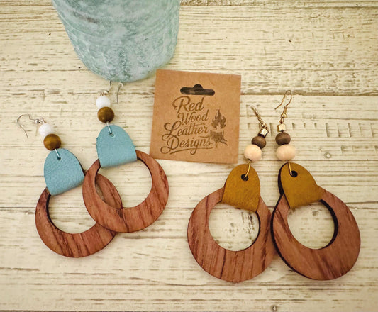 Handmade Wood Hoop Earrings: Boho Leather & Bead Dangle Earrings