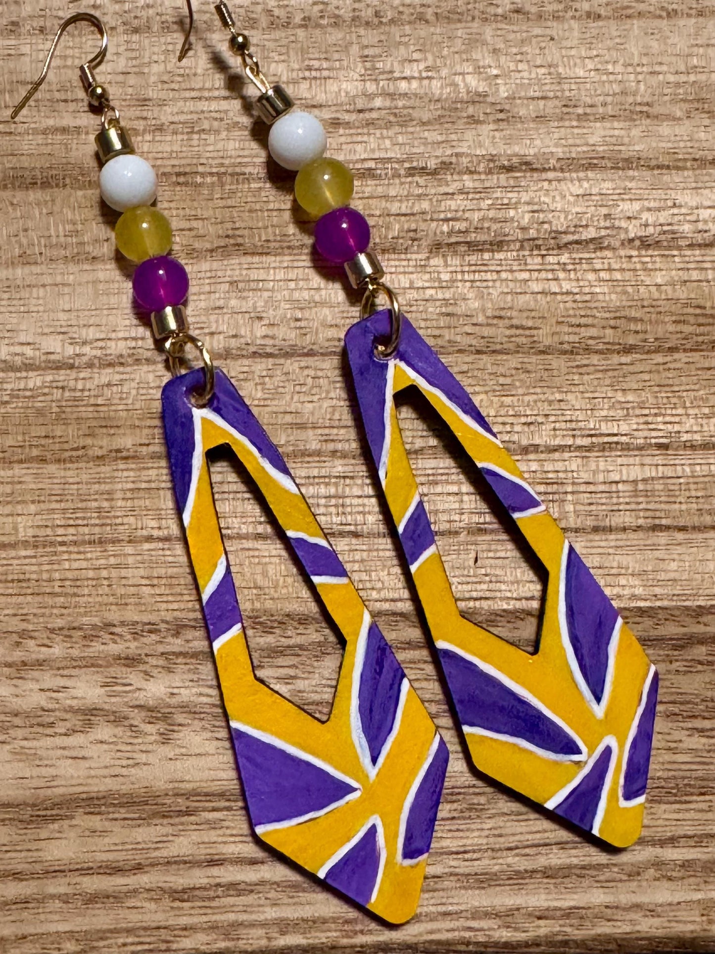 LSU Hand-Painted Purple And Gold Leather Dangle Earrings