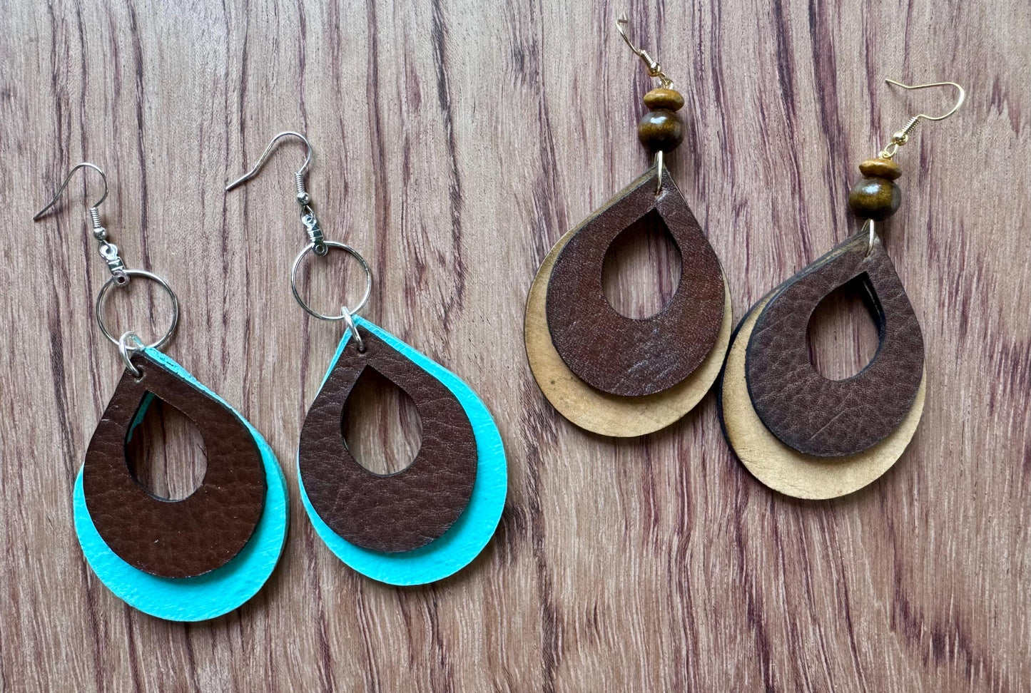 Handcrafted Leather Teardrop Earrings: Brown & Turquoise Boho Dangles