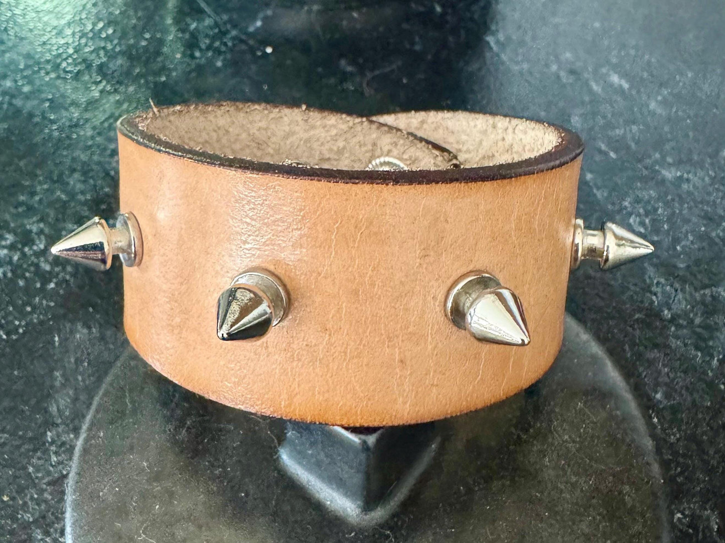 Custom Studded Tan Leather Cuff: Spiked Punk Bracelet