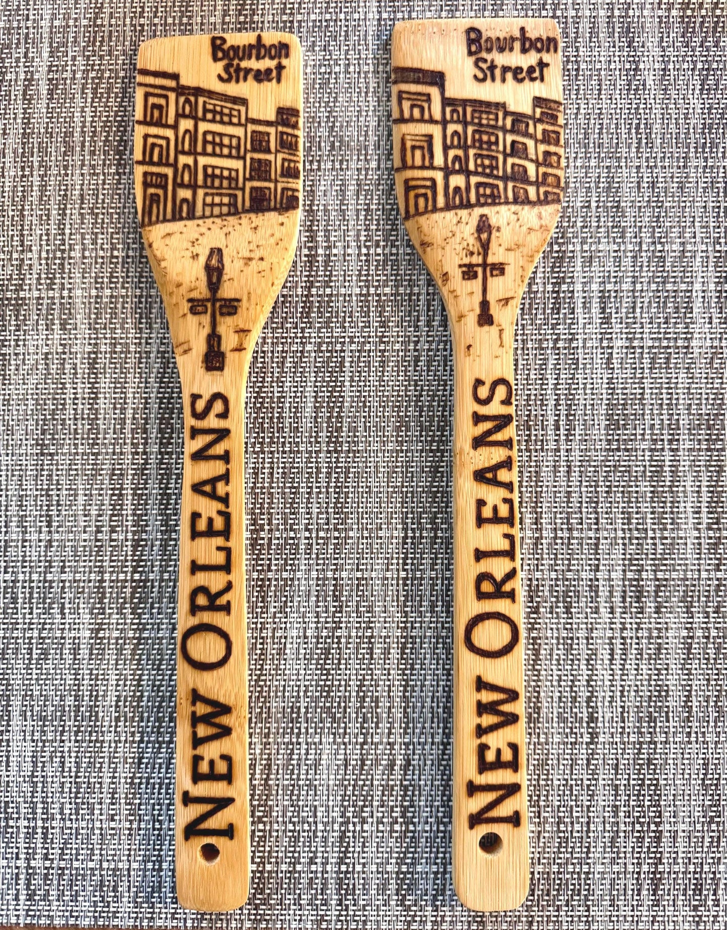 Custom Engraved Bamboo Wooden Spatula: Hand-Wood Burned Bourbon Street Scene, New Orleans, Louisiana Art And Gifts