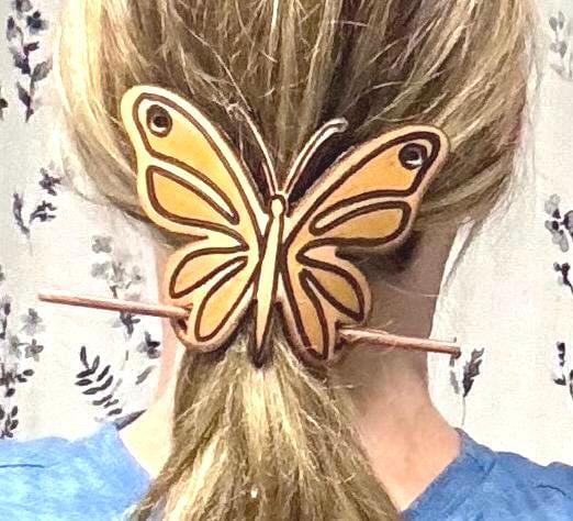 Hand-Painted Butterfly Leather Hair Slide with Wood Stick; Leather Hair Barrettes