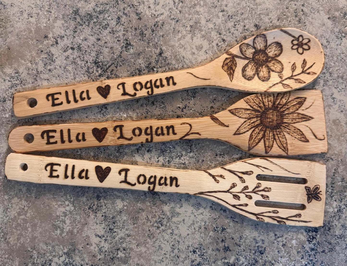 Custom Engraved Floral Bamboo Cooking Utensil 3 Pc Set With Optional Personalization