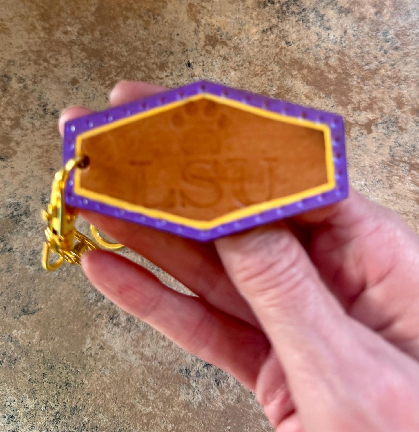 Custom Hand-Tooled LSU Leather Keychain
