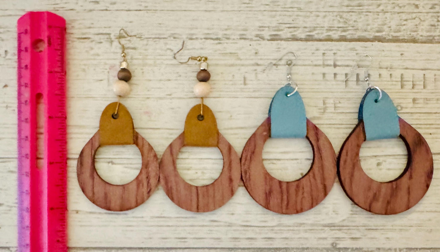 Handmade Wood Hoop Earrings: Boho Leather & Bead Dangle Earrings