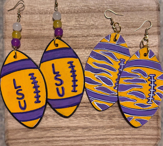 LSU-Themed Purple And Gold Football Shaped Wooden Earrings