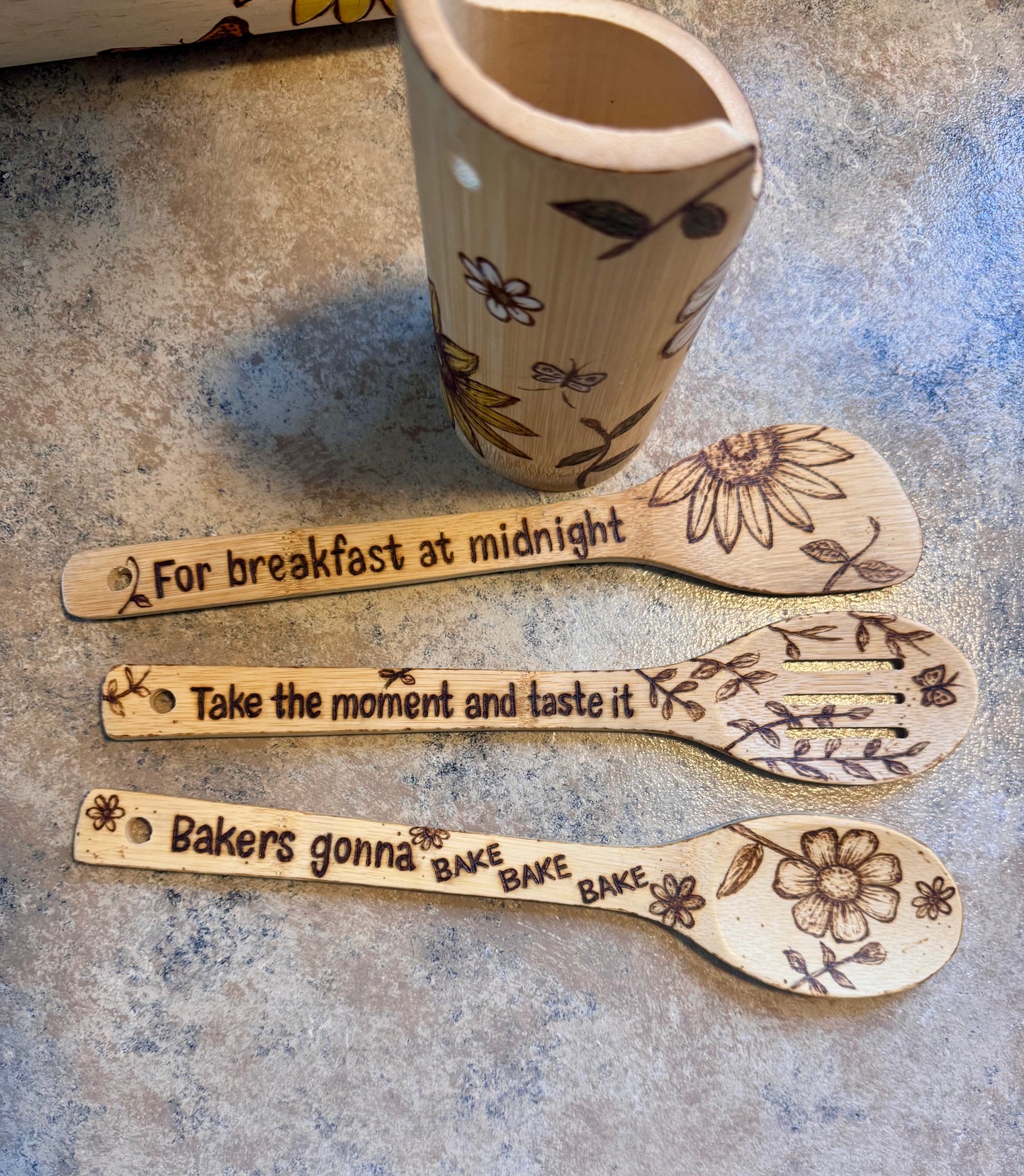 Custom Engraved Floral Bamboo Cooking Utensil 3 Pc Set With Optional Personalization