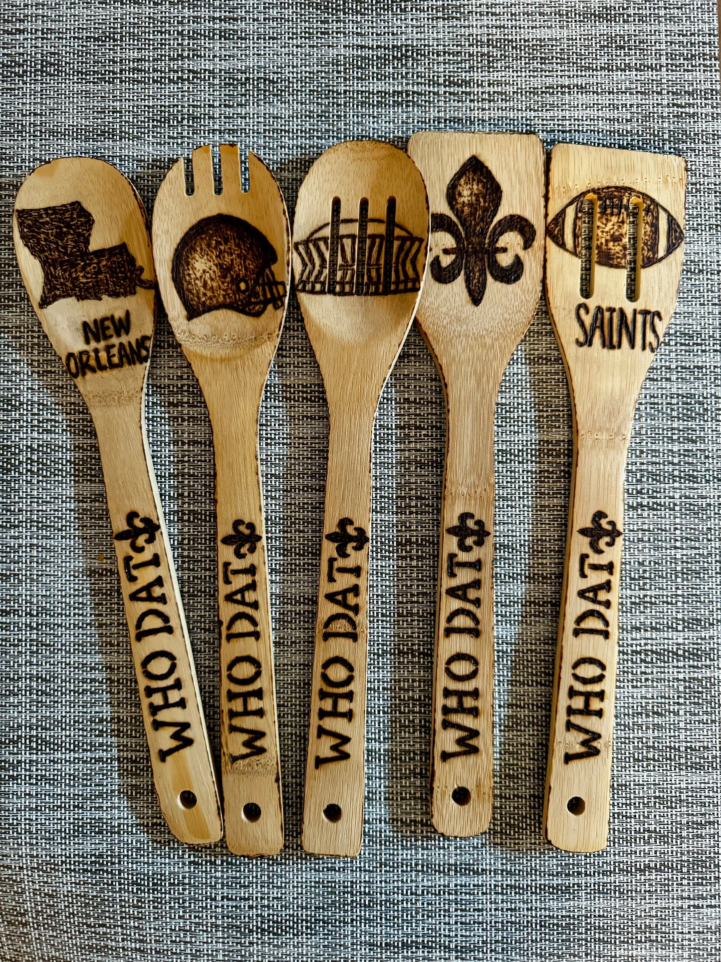 Custom Engraved Bamboo Cooking Utensil Set, New Orleans Saints Theme
