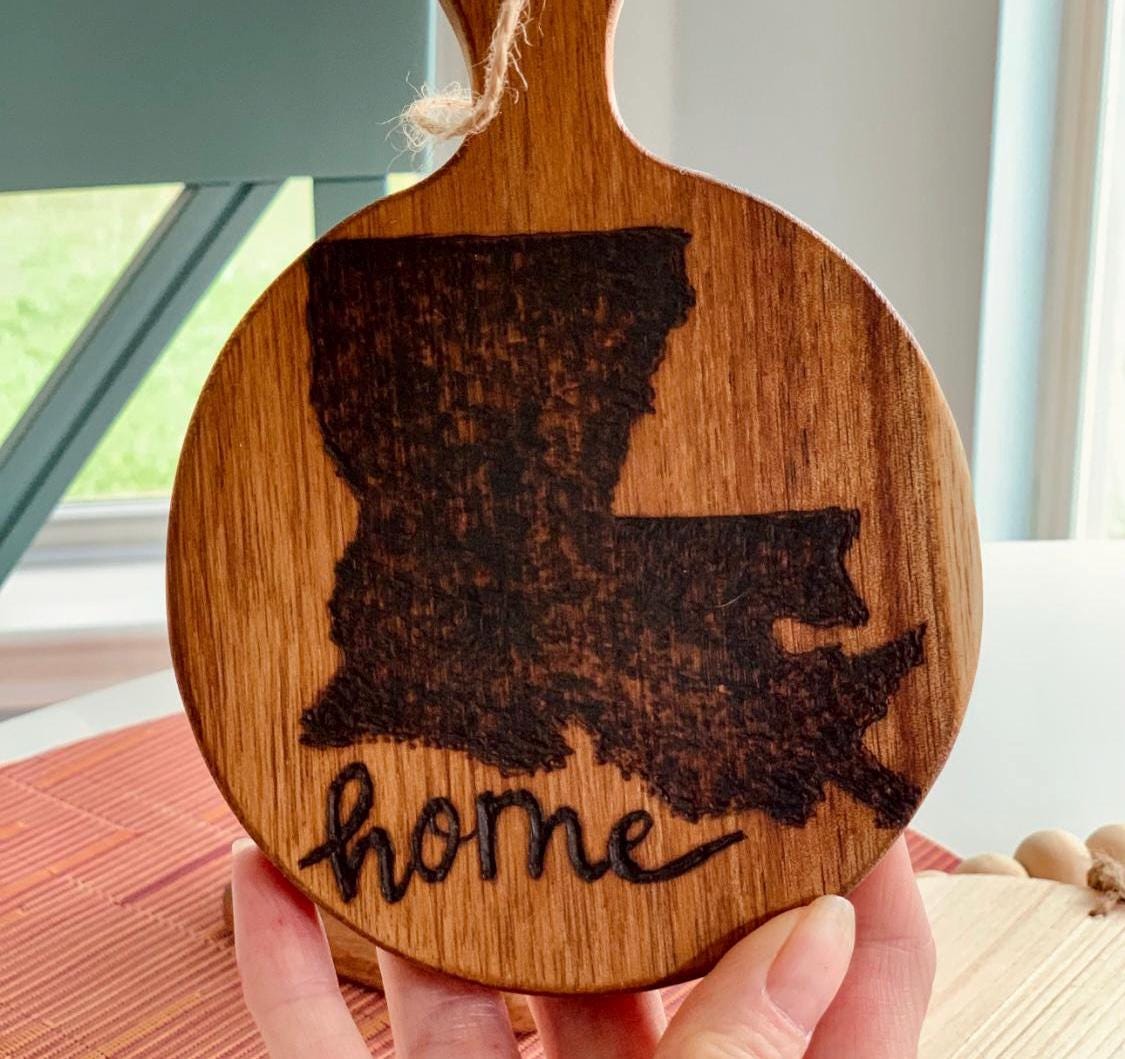 Hand-Engraved State Outline On Mini Wooden Cutting Board, Louisiana Kitchen Gifts And Decor