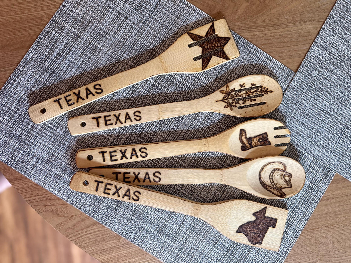 Custom Texas-Inspired Bamboo Cooking Utensil 5 Pc Set With Optional Personalization