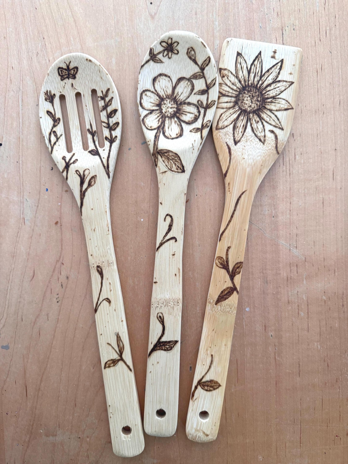 Custom Engraved Floral Bamboo Cooking Utensil 3 Pc Set With Optional Personalization