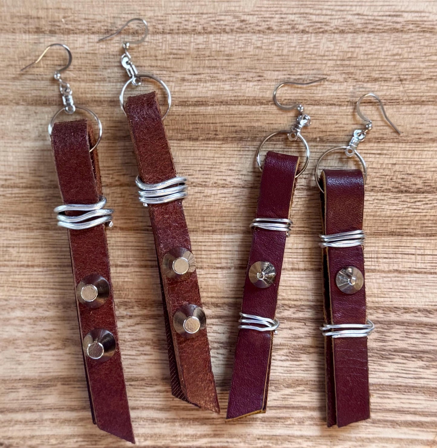 Studded Brown Leather Strip Earrings Wrapped With Silver Wire