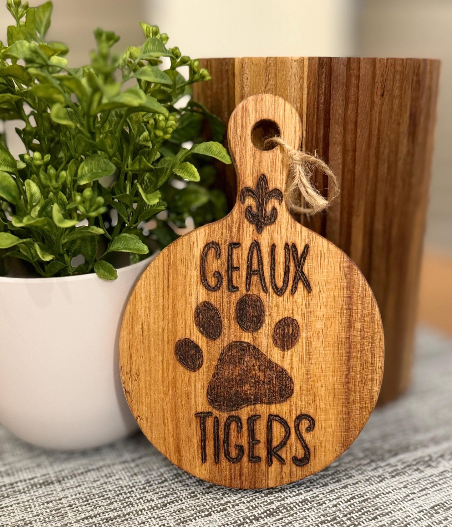 LSU-Themed Mini Cutting Board; Geaux Tigers Acacia Wood Charcuterie Board