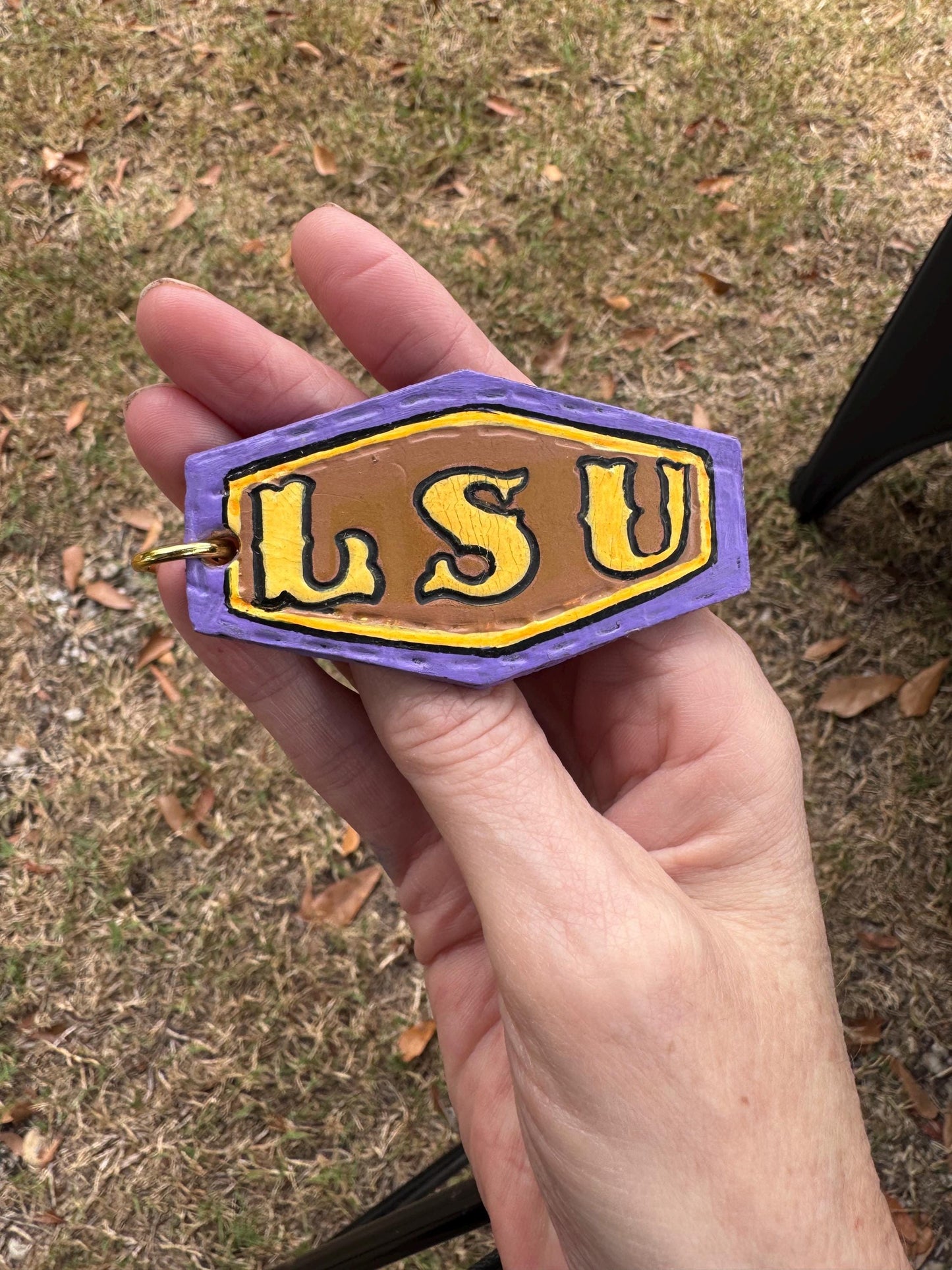 Custom Hand-Tooled LSU Leather Keychain
